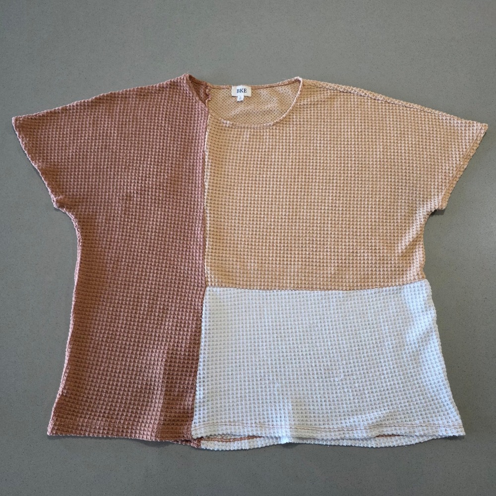 BKE Womens Colorblock Waffle Knit Top Large Terracotta Tan‎ Cream Short Sleeve